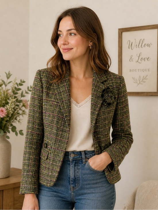 Express Design Studio Jackets & Blazers - Vintage Express Design Studio Women's Green Tweed Blazer